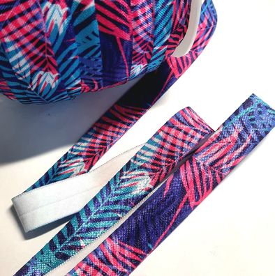 1m x 15mm Falzgummi Einfassband elastisch Satinglanz Palmwedel Lila Pink Aqua Print
