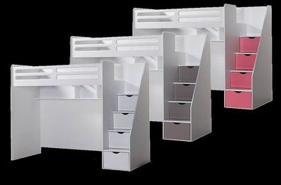 Etagenbett SMART mit großem Schreibtisch und Treppe, in 3 Farbvarianten