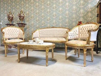 French Baroque Sofa Set Beige Handmade Couch Set Antique Style Lounge Sofa Set