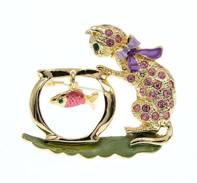 Katzen Brosche, Tier Schmuck, Katzen mit Fisch Brosche(B1307256)