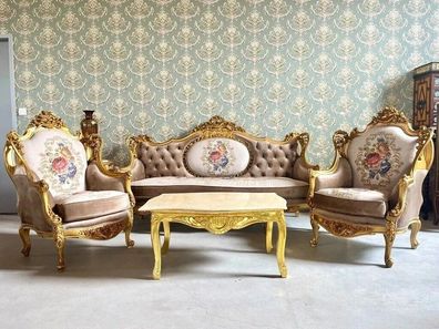 Luxury Sofa Set Royal Baroque Brown Velvet Couch Set Handmade Marble Café Table