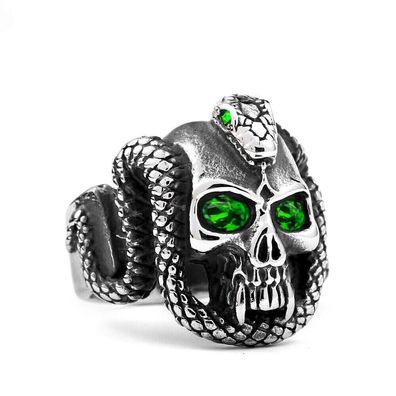 Schädel Ring, Skull Ring, Schlangen Ring, mit grünen Augen Größe 67 (TR13072517)