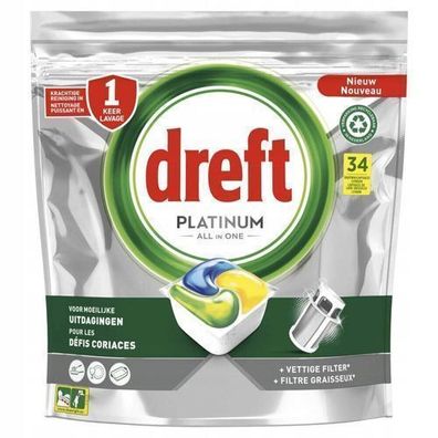 Dreft Platinum All-in-One Geschirrspülerkapseln, Zitronenduft, 34 Stück