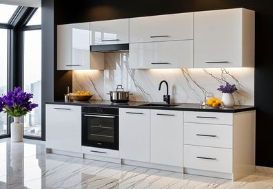 Küchenzeile Linda 260 cm Weiß Hochglanz- Küche, Küchenblock 2,6m, Einbauküche