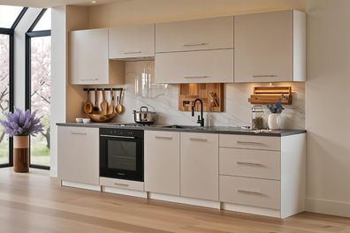 Küchenzeile Linda 260 cm Kaschmir Matt- Küche, Küchenblock 2,6m, Einbauküche