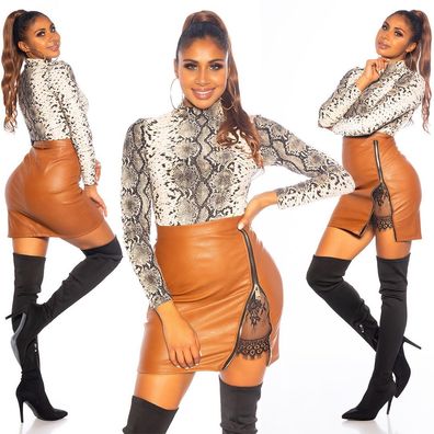 SeXy Miss Damen Highwaist Mini Rock Leder Look Spitze Zipper M 36 braun schwarz