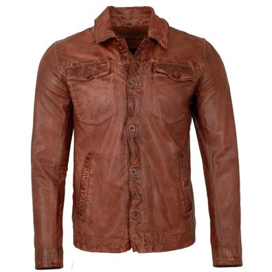 Freaky Nation - Herren Lederjacke Lederhemd Lammnappa cognac antik