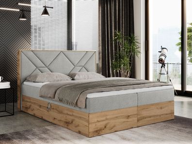 Boxspringbett GUNAR mit Eiche Holzrahmen, Multipocket-Matratze und Topper