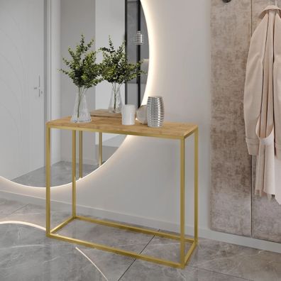 AX LIVING Flur Konsolentisch Lortie 80 cm Wotan Eiche goldenes Gestell