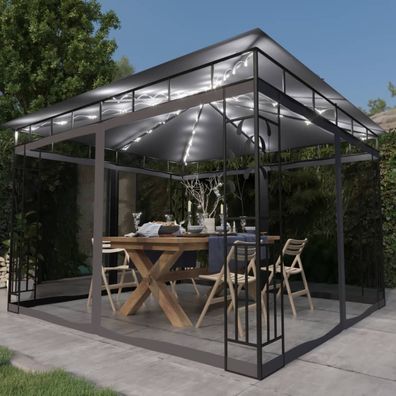 Gartenpavillon 3x3m Anthrazit mit Moskitonetz und Solar-LEDs, Metallrahmen