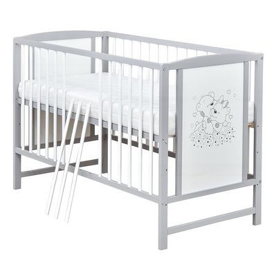 Kinderbett Babybett Schutzgitter 2in1 weiß 120x60 Bärchen mit Schublade Matratze