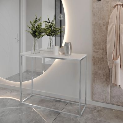 AX LIVING Flur Konsolentisch Lortie 80 cm weiß mit Chrom-Metallgestell