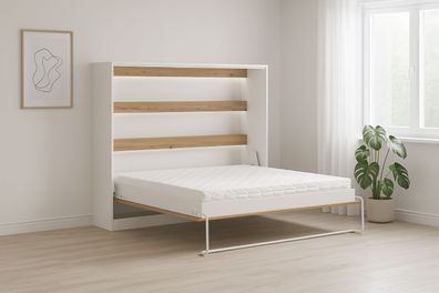 Schrankbett Perfekt 140x200 ein horizontales mit Matratze Eiche + Weiß