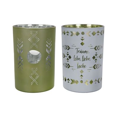 Gilde Windlicht, zylindrisch, "Indio", Spruch, Glas, grau, grün, H. 18 cm, D. 12