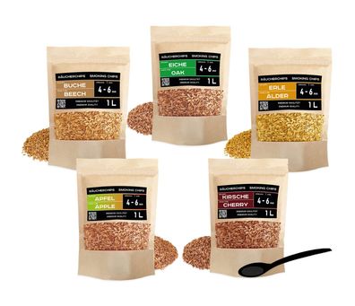 PINI Räucherchips Set 5x1 Liter Räucherspäne 4-6 mm Buche Eiche Erle Kirsche Apfel