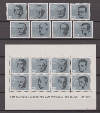 BRD 1964 postfrisch MiNr. 431-438 + Block 3 20. Jahrestag Attentats vom 20. Juli 1944
