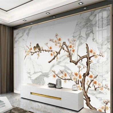 Vlies Fototapete Wandtapete Wandbilder Pflaumenblüten Kunst Blumen Vögel 9913