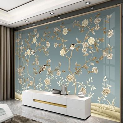 Vlies Fototapete Wandtapete Wandbilder Retro Blumen und Vogelkunst 9917