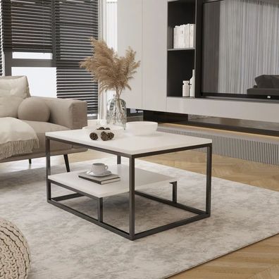 AX LIVING Modern Wohnzimmertisch Pokie 90 cm, Weiß, Schwarzes Gestell