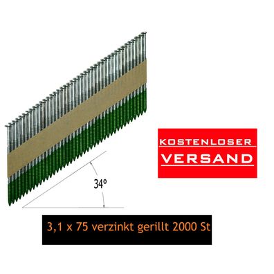Paslode Streifennägel 34° D-Kopf 3,1 X 75 verzinkt gerillt
