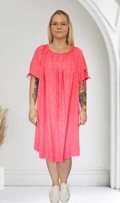 Italy Kleid Sommerkleid halbarm Carmen-Ausschnitt knielang Blumenprint Koralle