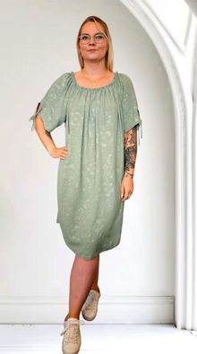 Italy Kleid Sommerkleid halbarm Carmen-Ausschnitt knielang Blumenprint Khaki