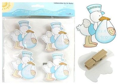 Bieco Dekoklammer Holz 8-tlg. Storch Glitzer Baby Boy Geburt Geschenk NEU