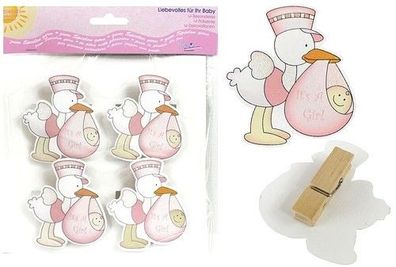 Bieco Holz Dekoklammer 8-tlg. Storch Glitzer Baby Girl Geburt Geschenk NEU