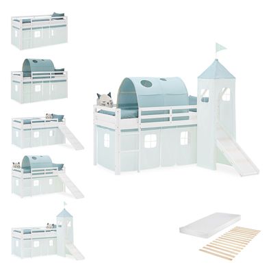 Hochbett Kinder 90x200 cm Kinderbett Kinderhochbett Stockbett Tunnel Vorhang Turm