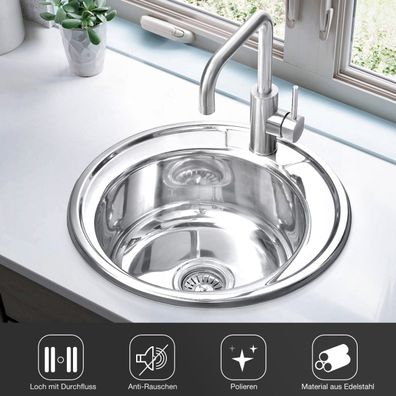 MIDORI® Edelstahl Rundspüle Spüle Küchenspüle Einbauspüle Spülbecken Durchmesser 49cm