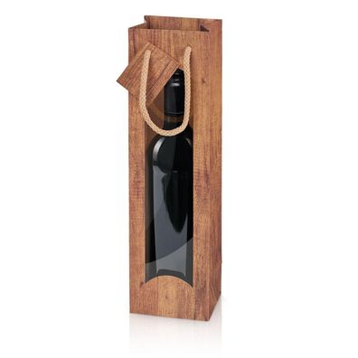 1000 x Papiertragetasche für 1 Flasche 100x85x360 mm Holzoptik Fenster Braun