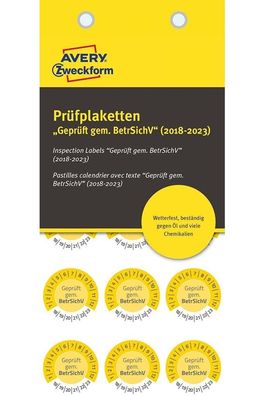 Prüfplaketten Geprüft gem. BetrSichV 2018-2023 Gelb 20mm/30mm