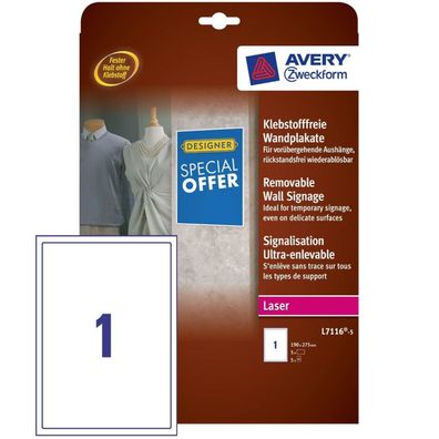 5x Klebstofffreie Wandplakate Weiß A4 190x275mm