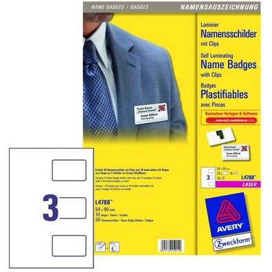 Laminier Namens-Schilder 54x90mm mit Clips 30x Stück