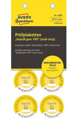 80x Prüfplaketten Geprüft gem. VDE 2018-2023 30mm Gelb Folie