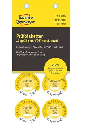 80x Prüfplaketten Geprüft gem. VDE 2018-2023 30mm Gelb Vinyl