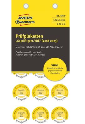 120x Prüfplaketten Geprüft gem. VDE 2018-2023 20mm Gelb Vinyl