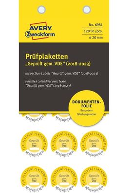 120x Prüfplaketten Geprüft gem. VDE 2018-2023 20mm Gelb Folie