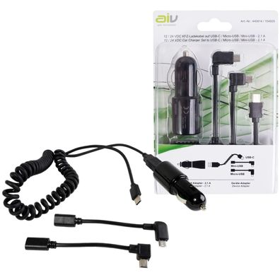 12V/24V Spiral Ladekabel 2.1A USB-C + Adapter Micro-/Mini-USB