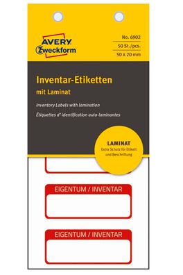 50x Inventar-Etiketten 50x20mm Laminat Weiß/Rot