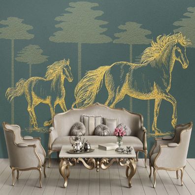 Vlies Fototapete Wandtapete Wandbilder Pferd und Goldener Relieflinie 9979
