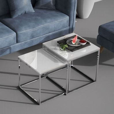 2er Set Design Beistelltisch MENTO 50cm weiss hochglanz Edelstahl-Gestell