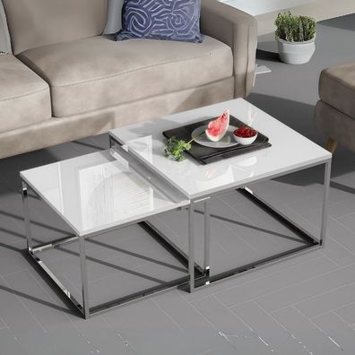 2er Set Design Couchtisch MENTO 60/50cm weiss hochglanz Edelstahl-Gestell