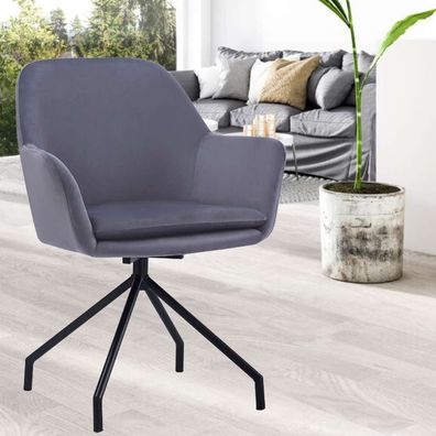 Drehbarer Stuhl JUDIKA dunkel-grau Samt 360° mit Armlehne Metallgestell schwarz