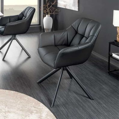 Moderner Drehstuhl LYON schwarz Echtleder Armlehne schwarzes Metallgestell