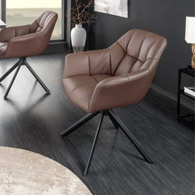 Moderner Drehstuhl LYON braun Echtleder Armlehne schwarzes Metallgestell