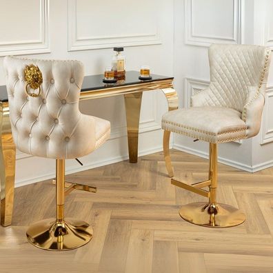 Edler höhenverstellbarer Barstuhl LEON Samt beige Edelstahl gold Löwenkopf