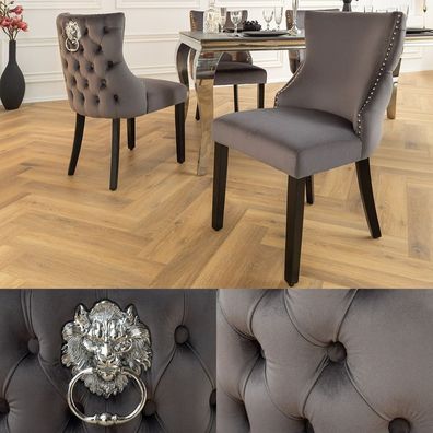 Edler Stuhl LEON Samt grau Löwenkopf Nieten Chesterfield schwarze Beine