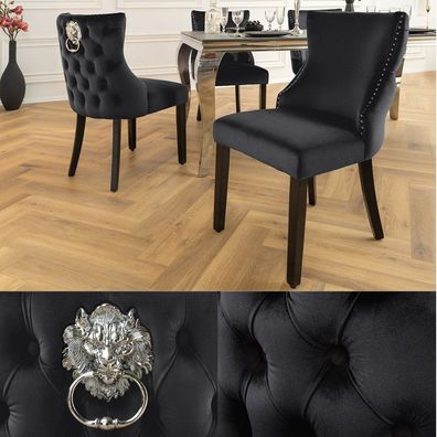 Edler Stuhl LEON Samt schwarz Löwenkopf Nieten Chesterfield schwarze Beine