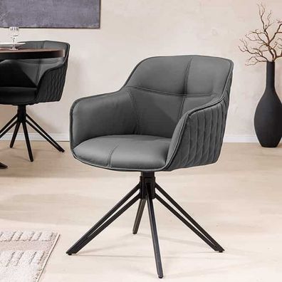 Eleganter Drehstuhl HORA Echtleder grau Metallgestell schwarz Armlehne Ziersteppung
